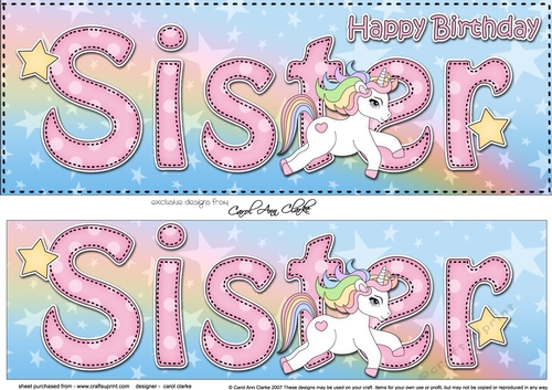 Large DL Happy Birthday SISTER 3D decoupage with Unicorn