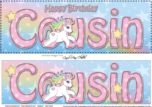 Large DL Happy Birthday COUSIN 3D decoupage with Unicorn
