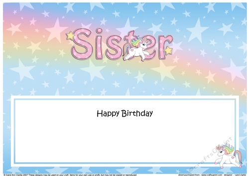 Large DL Happy Birthday SISTER insert with Unicorn
