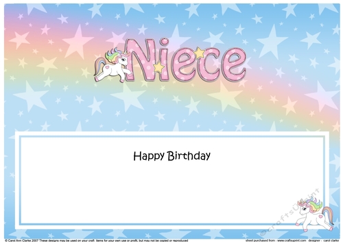 Large DL Happy Birthday NIECE insert with Unicorn