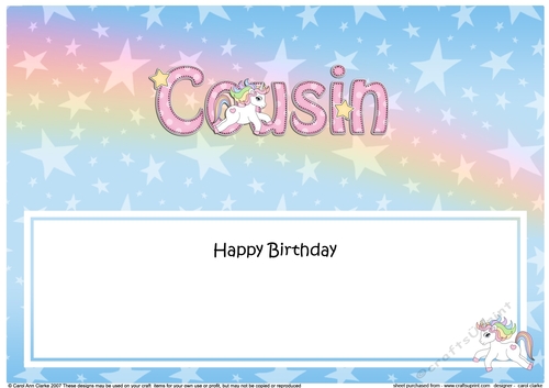 Large DL Happy Birthday COUSIN insert with Unicorn