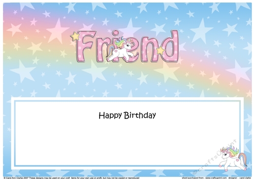 Large DL Happy Birthday FRIEND insert with Unicorn