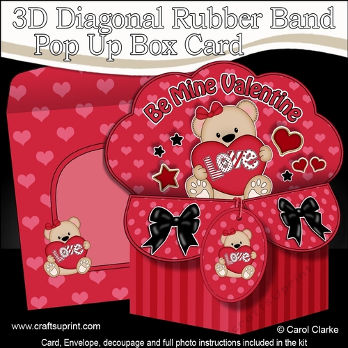 3D Diagonal Rubber Band Pop Up Box Card Kit - Cute Teddy Bear has a Love Heart