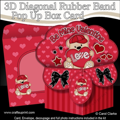 3D Diagonal Rubber Band Pop Up Box Card Kit - Cute Teddy Bear has a Love Heart