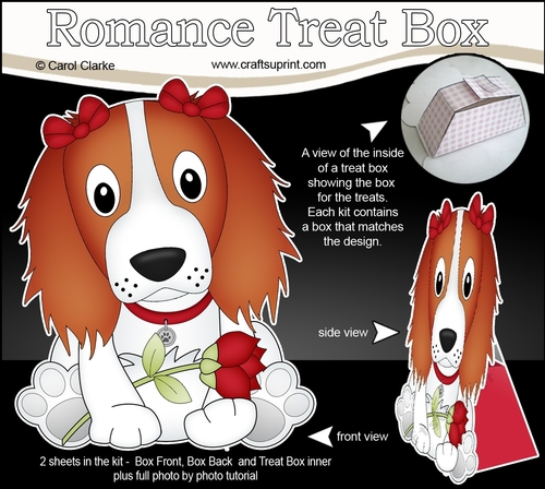 3D Valentine Treat Box Mini Kit - Cute Romantic Springer Spaniel Dog has a Rose