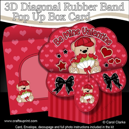 3D Diagonal Rubber Band Pop Up Box Card Kit - Cute Teddy Bear has a bunch of Roses