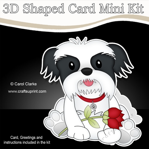3D Shaped Card Mini Kit - Cute Romantic Shih Tzu Dog has a Rose