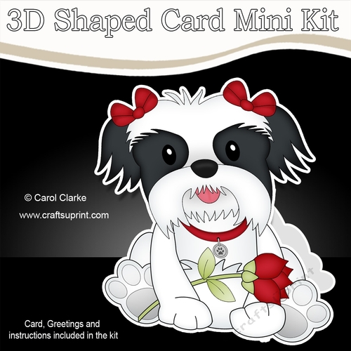 3D Shaped Card Mini Kit - Cute Romantic Shih Tzu Dog has a Rose