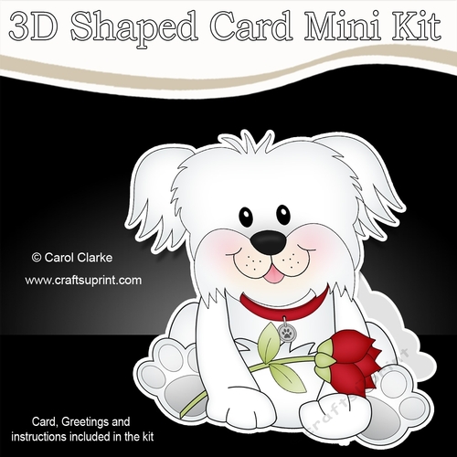 3D Shaped Card Mini Kit - Cute Romantic Bichon Frise Dog has a Rose