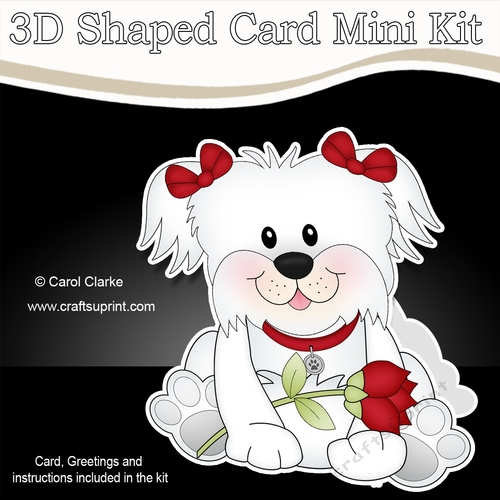 3D Shaped Card Mini Kit - Cute Romantic Bichon Frise Dog has a Rose
