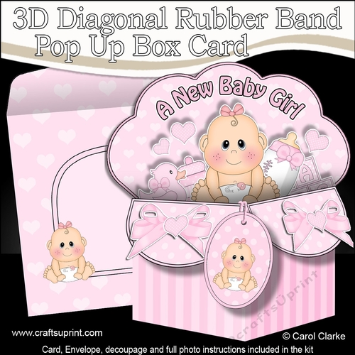 3D Diagonal Rubber Band Pop Up Box Card Kit - Cute Little Baby Girl Bea