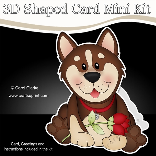 3D Shaped Card Mini Kit - Cute Romantic Husky Dog has a Rose