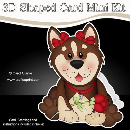 3D Shaped Card Mini Kit - Cute Romantic Husky Dog has a Rose