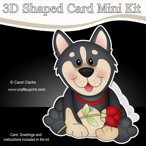 3D Shaped Card Mini Kit - Cute Romantic Husky Dog has a Rose
