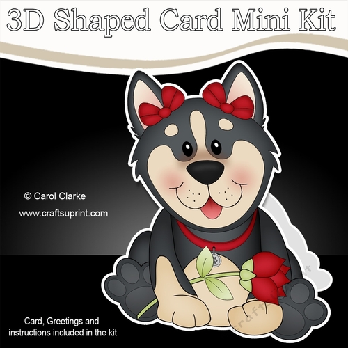 3D Shaped Card Mini Kit - Cute Romantic Husky Dog has a Rose