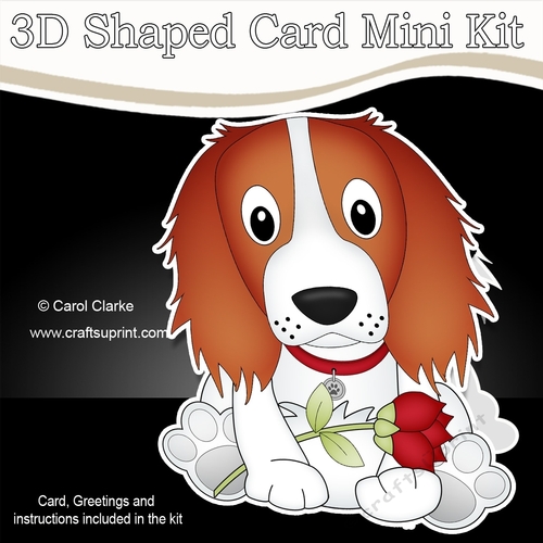 3D Shaped Card Mini Kit - Cute Romantic Springer Spaniel Dog has a Rose