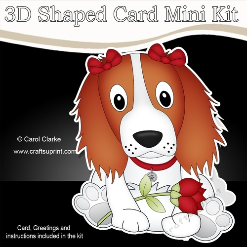 3D Shaped Card Mini Kit - Cute Romantic Springer Spaniel Dog has a Rose