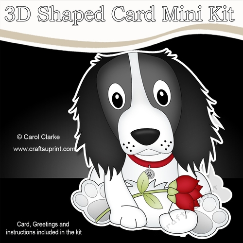 3D Shaped Card Mini Kit - Cute Romantic Springer Spaniel Dog has a Rose