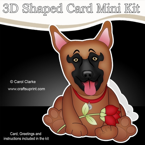 3D Shaped Card Mini Kit - Cute Romantic German Shepherd Dog has a Rose