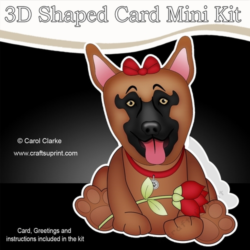 3D Shaped Card Mini Kit - Cute Romantic German Shepherd Dog has a Rose