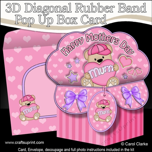 3D Diagonal Rubber Band Pop Up Box Card Kit - Cute Mothers Day Teddy Bear has a Love Heart