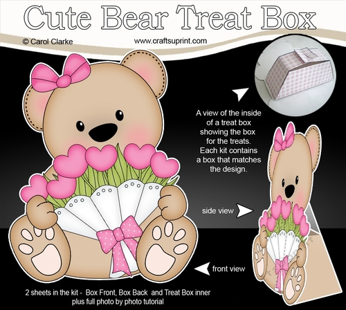 3D Mothers Day Treat Box Mini Kit - Cute Teddy Bear has a Bunch of Roses
