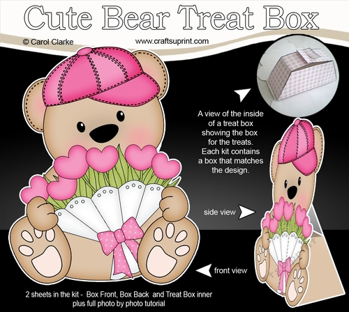 3D Mothers Day Treat Box Mini Kit - Cute Teddy Bear has a Bunch of Roses