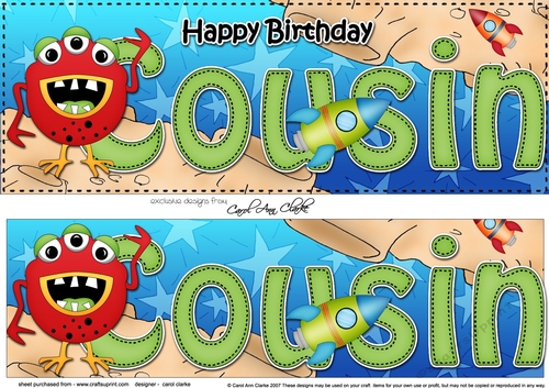 Large DL Happy Birthday COUSIN 3D decoupage with cute Alien