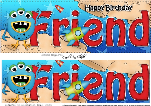 Large DL Happy Birthday FRIEND 3D decoupage with cute Alien
