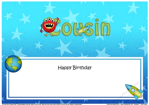 Large DL Happy Birthday COUSIN insert with cute Alien
