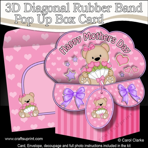 3D Diagonal Rubber Band Pop Up Box Card Kit - Cute Mothers Day Teddy Bear has a bunch of Roses