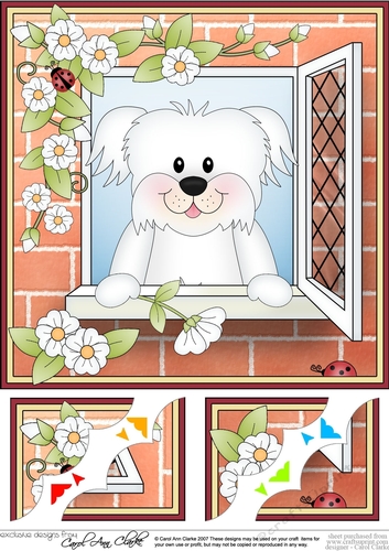 8 x 8 Scalloped Corner Topper - Through the Window - Bichon Frise