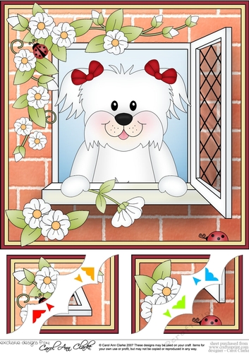 8 x 8 Scalloped Corner Topper - Through the Window - Bichon Frise