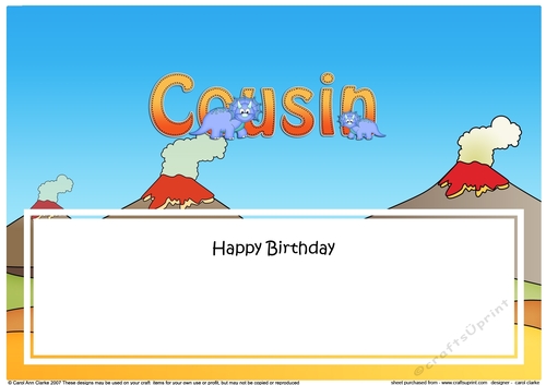 Large DL Happy Birthday COUSIN insert with Dinosaurs