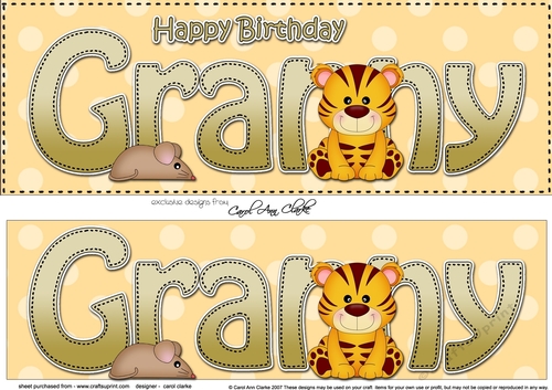 Large DL Happy Birthday GRANNY 3D decoupage with Cute Little Tiger