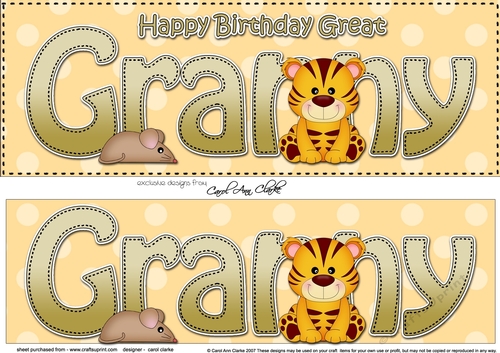 Large DL Happy Birthday GREAT GRANNY 3D decoupage with Cute Little Tiger