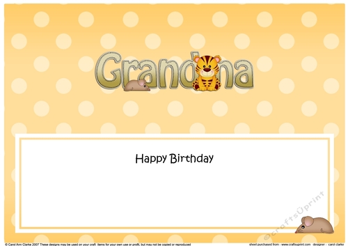 Large DL Happy Birthday GRANDMA insert with Cute Little Tiger