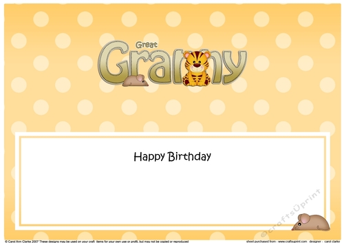 Large DL Happy Birthday GREAT GRANNY insert with Cute Little Tiger