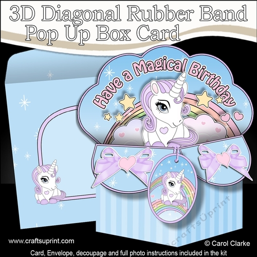 3D Diagonal Rubber Band Pop Up Box Card Kit - Cute Little Unicorn Magic