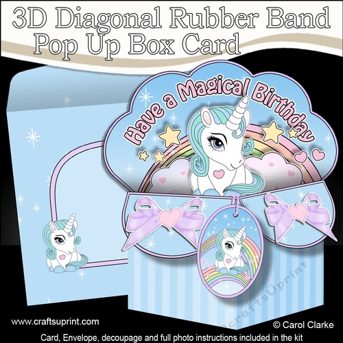 3D Diagonal Rubber Band Pop Up Box Card Kit - Cute Little Unicorn Blueberry
