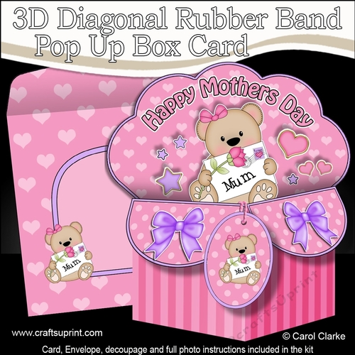 3D Diagonal Rubber Band Pop Up Box Card Kit - Cute Mothers Day Teddy Bear has a Card for Mum