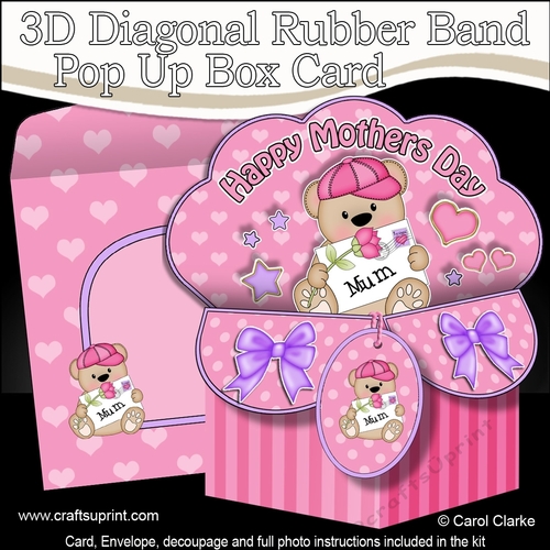 3D Diagonal Rubber Band Pop Up Box Card Kit - Cute Mothers Day Teddy Bear has a Card for Mum