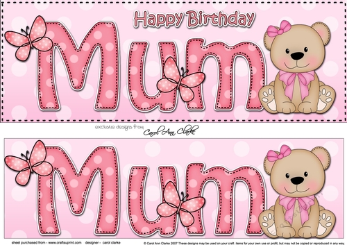 Large DL Happy Birthday MUM 3D decoupage with Livvy Bear