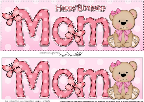 Large DL Happy Birthday MOM 3D decoupage with Livvy Bear