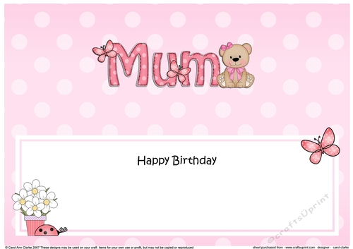 Large DL Happy Birthday MUM insert with Livvy Bear