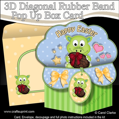 3D Diagonal Rubber Band Pop Up Box Card Kit - Cute Little Dino has an Easter Egg