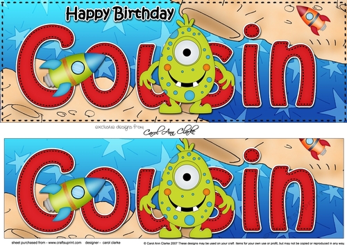 Large DL Happy Birthday COUSIN 3D decoupage with cute Alien
