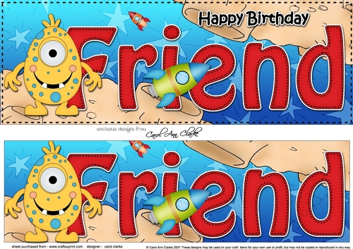 Large DL Happy Birthday FRIEND 3D decoupage with cute Alien