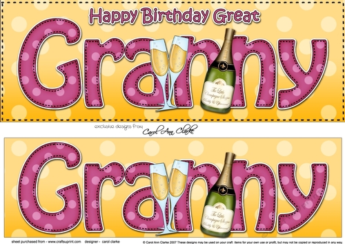 Large DL Happy Birthday GREAT GRANNY 3D decoupage with Champagne