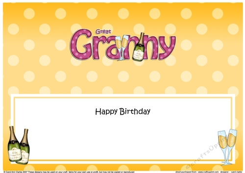 Large DL Happy Birthday GREAT GRANNY insert with Champagne